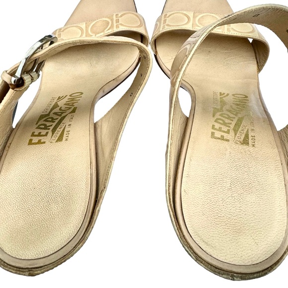 Salvatore Ferragamo Beige Signature Pattern Leather Heeled Buckle Sandal Women’s - Picture 13 of 17